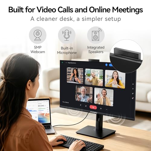 Image of CUNPU 27 Inch Monitor with Camera, Computer Monitor with Pop-up 5MP 2K Webcam and Stereo Mic & Speakers, QHD 1440P Vertical Monitor for Video Conferencing, HDMI, DP1.4 Port, Swivel Pivot Adjustable