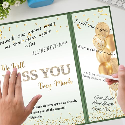 Image of DARUNAXY Green Gold Farewell Party Decorations for Women, We Will Miss You Very Much Alternative Signature Guest Book Girls Going Away Gifts Signing Card Board for Retirement Graduation Party Supplies