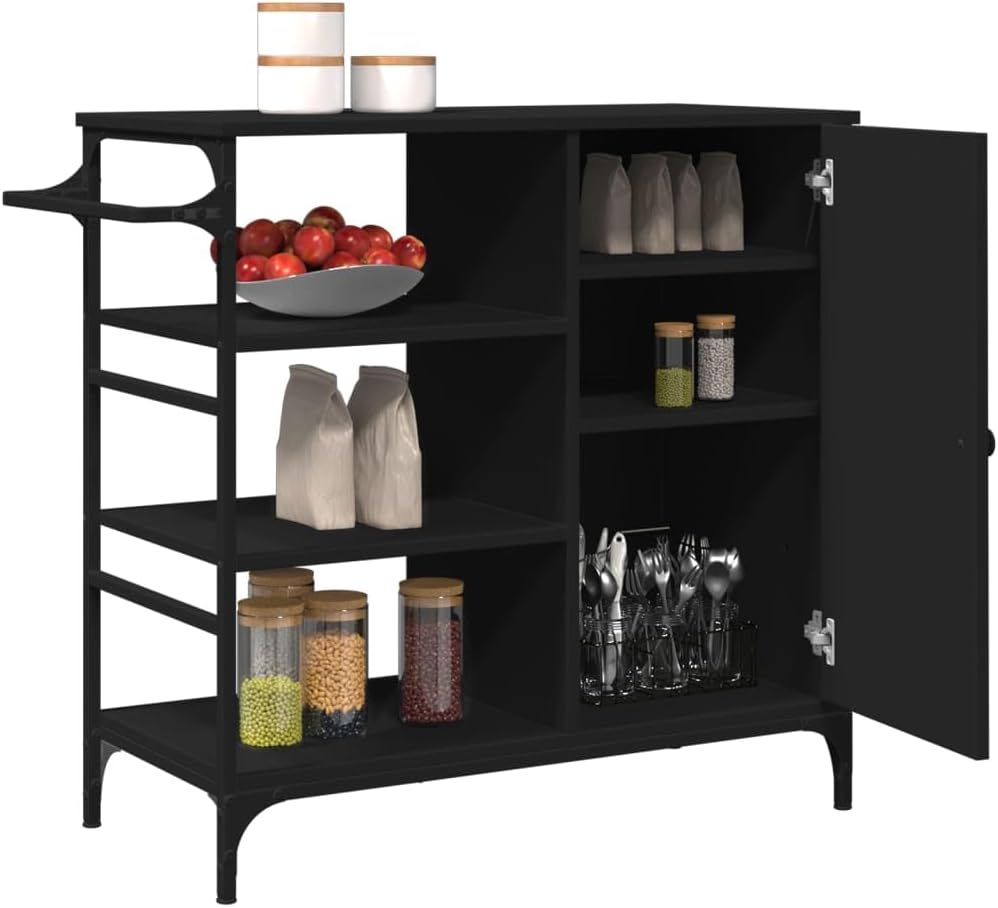 Kitchen Trolley Black Engineered Wood with Steel Frame 34.4"x15.2"x33.3" Rolling Kitchen Cart with Wheels and Towel Rack for Storage and Mobility