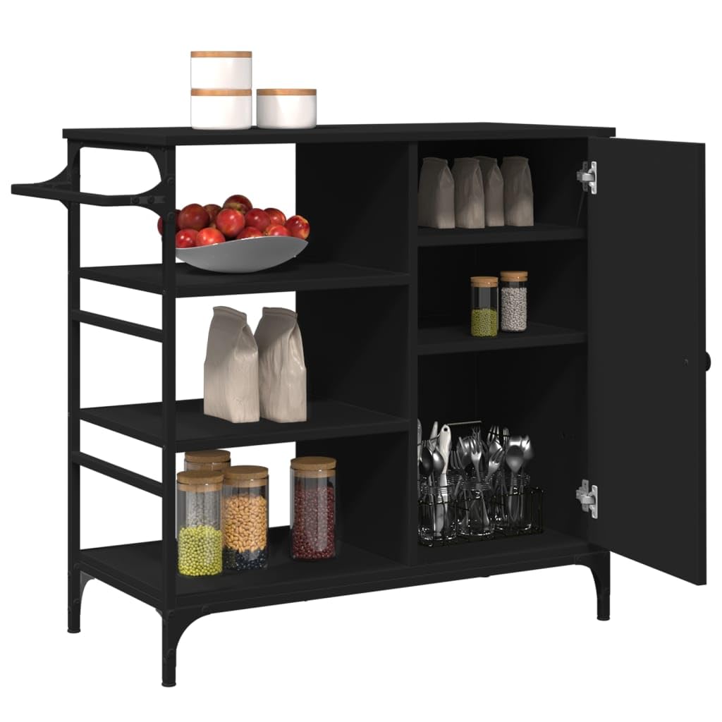 Carro de cocina negro con material de madera y marco de acero, 87,5 x 38,5 x 84,5 cm, con 4 ruedas y frenos, carrito de servicio con espacio de almacenamiento, estante, carrito auxiliar para
