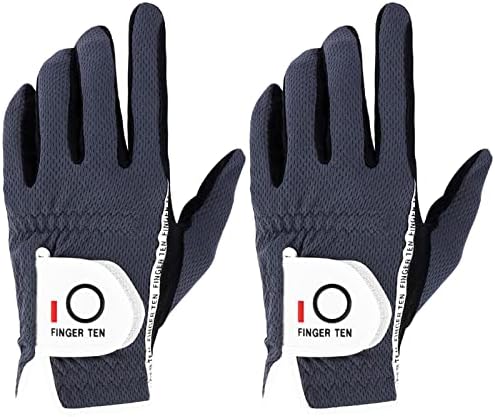 FINGER TEN Men's Golf Glove Rain Grip Pair Both Hand or 2 Pack Left Right Hand, Hot Wet Weather No Sweat, Black Gray Green, Fit Size Small Medium Large XL (Gray, Medium, Left)