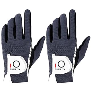 FINGER TEN Men's Golf Gloves for Right Left Handed Golfer Rain Grip Value 2 Pack, Golf Glove for Hot Wet Weather No Sweat Black Gray White Blue (Gray, M/Large-Worn on Left Hand)