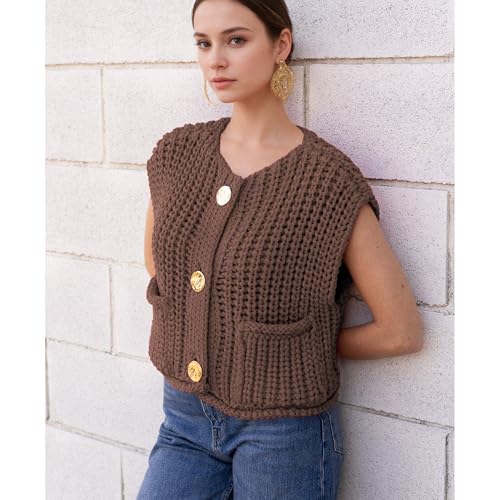 Image of Hixiaohe Womens Crochet Chunky Knit Top Sleeveless Button Down Crop Tops Trendy Cardigan Sweater Vest for Women with Pockets