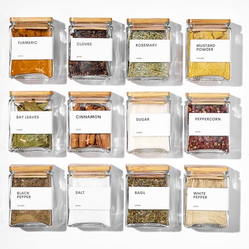 MUVEKA Glass Spice Jars with Bamboo Lid, 4oz Square Spice Containers for Pantry Organization, Seasoning Bottles with Labels, Spoons, Funnel for Salt Sugar
