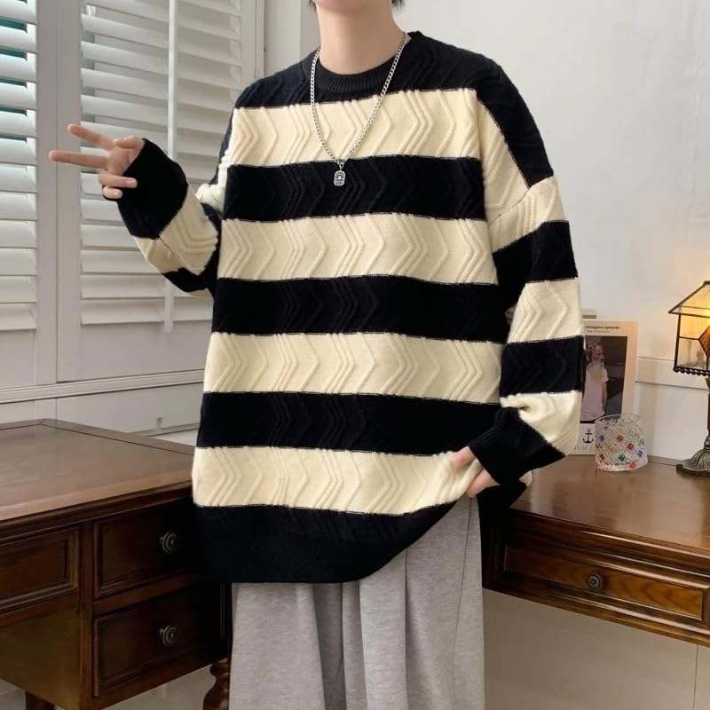 Autumn Winter Men's Loose Knit Pullovers Striped O-Neck Knitted Sweater Men Casual Streetwear4