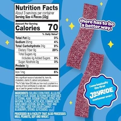 Joy Sweets Blue Raspberry Candy Strips, 80% Less Sugar - 3.5oz, Gummy Strips, Gummy candy strips, Candy Belts, Sour Candy Strips.