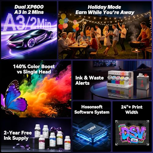 Image of DSV A1 DTF Printer with Dual XP600 Print Heads - 2 Min /A3 Print,40% Truer Colors vs Single Head,Auto Cleaning &White Ink Circulation, Includes 2-Year Ink (White, Printer+Shaker&Dryer)