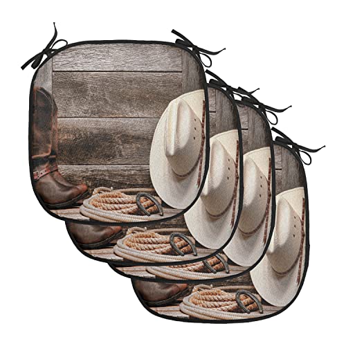 Lunarable Western Chair Cushion Pads Set of 4, American West Rodeo Traditional Straw Cowboy Hat Leather Boots Print, Anti-Slip Seat Padding for Kitchen & Patio, 16