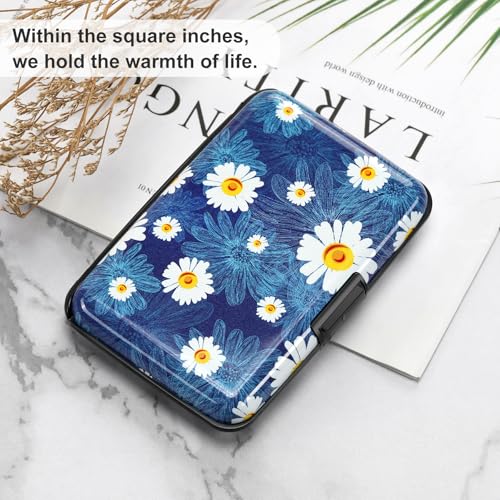 Image of ELFISH Mini RFID Aluminum Wallet Credit Cards Holder Business Card Case Metal ID Case for Men Women(White Flower)