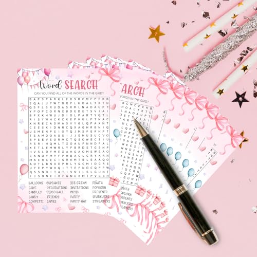 Image of Coquette Pink Bow Themed Sleepover Slumber Party Supplies- Pink Slumber Party Games Card - Sleepover Stuff- Birthday Night Games Creative Idea -Word Search- 20 Game Cards and 2 Answer Key