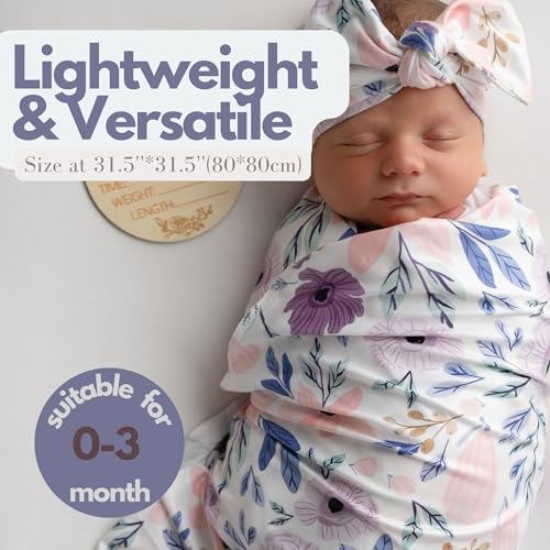 Image of Newborn Baby Girl Receiving Blanket Swaddle Blanket Stretchy Knit Swaddle Set with Matching Headband Beanie with a Name Card (Pink and Purple Floral)