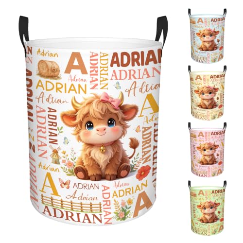 Image of Custom Highland Cow Laundry Hamper, Personalized Laundry Basket with Name, Customized Dirty Clothes Basket for Clothes Toy Bathroom Bedroom Storage,S-16.5 inchX 13.8 inch