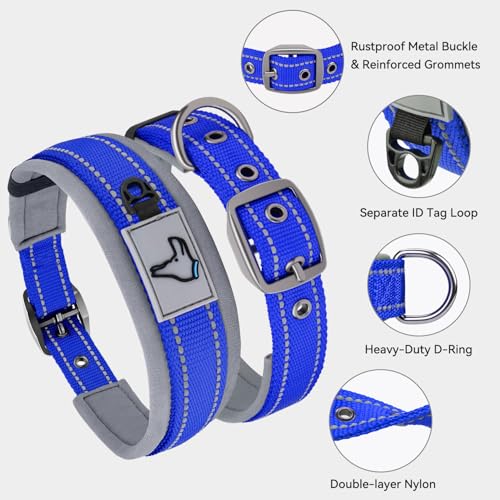 Image of Joytale Dog Collar for Medium Dogs, Neoprene Padded and Adjustable, Reflective Wide Heavy Duty Pet Collars with Durable Metal Belt Buckle for Walking, Navy Blue, M