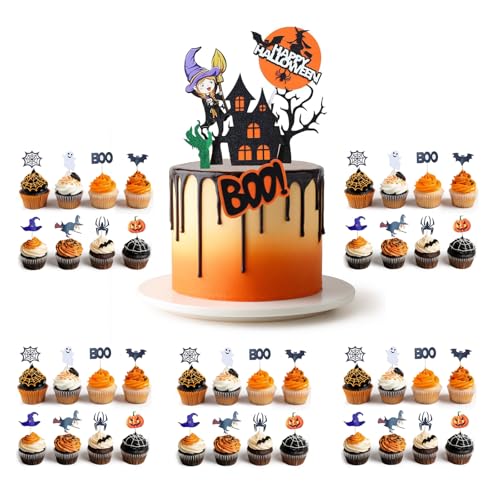 54 Pezzi Decorazioni Torta Halloween, Cake Topper Con Zucca, Pipistrello, Fantasma e Ragno - Perfetto per Feste di Bambini e Celebrazioni (Halloween-B)