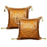  Stylo Culture Dekorativ Brokat Ethnish Sofa Kissenbezüge 45 x 45 cm Senfgelb Gold 18x18 Jacquard Brokat Border Quasten Polydupion Seide Elefant Blumen Platz mit Reißverschluss Kissenhüllen  2er Set