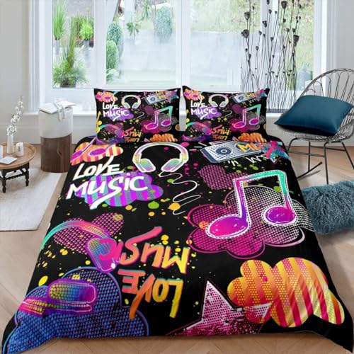 Loussiesd Notes de Musique Parure de Lit Rock Musique thème Housse de Couette 220x240cm Hommes et Femmes Casque Radio Ensemble de Literie Deluxe Microfibre...