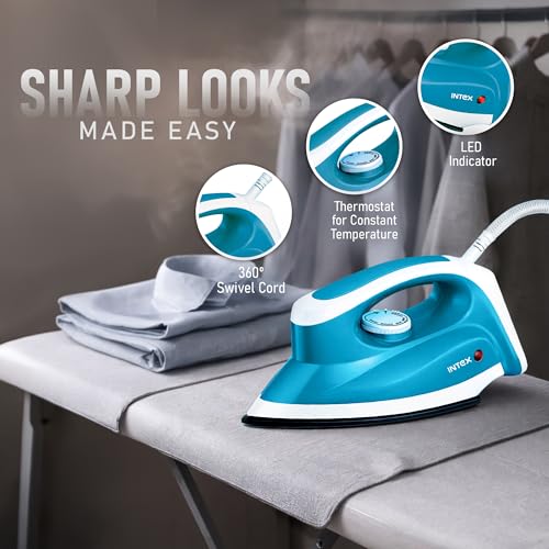 Image of Intex Glidex Edge Dry Iron 1000W | Non-Stick German Coating Soleplate | Adjustable Temperature Control | 360 Swivel Cord | Lightweight Shock Proof Dry Iron for Clothes | 2 Year Warranty (Blue)