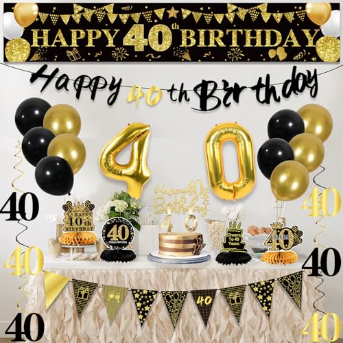Image of 40th Birthday Decorations for Men, Black Gold 40th Party Decoration Kits | 27pcs Happy 40th Birthday Set, Banner, Honeycomb, Balloons, Gold Number, Candle, Hanging Swirls, Cake Topper, Party Supplies