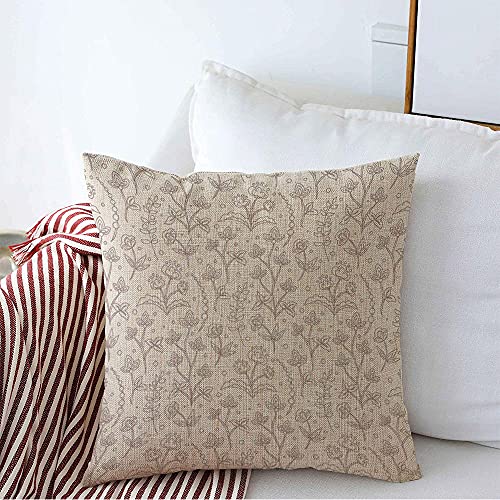 Image of Decorative Throw Pillow Case Farmhouse Pattern Brown Beautiful Jacobean Floral Meadow Flowers Blossom Florets Bud Country Cream Crewel Linen Cushion Cover Pillowcase 18" x 18" for Couch Sofa Bed