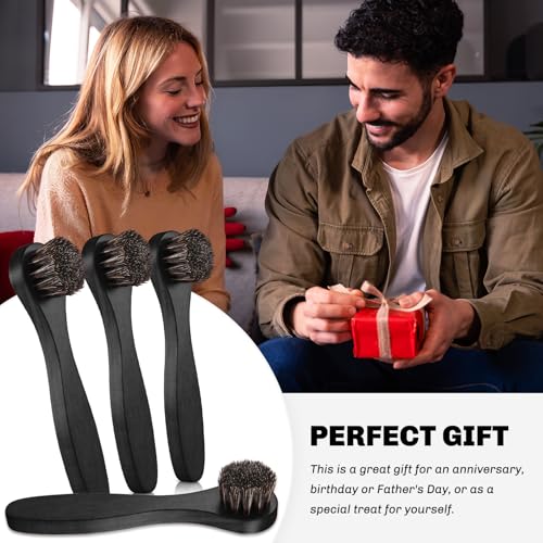 Image of 4 Pcs Horsehair Shine Shoes Brush Kit Polish Dauber Applicators Cleaning Leather Shoes Boots Care Brushes Suede Cleaner Brush with Microfiber Shoe Cloth(Black Handle A)