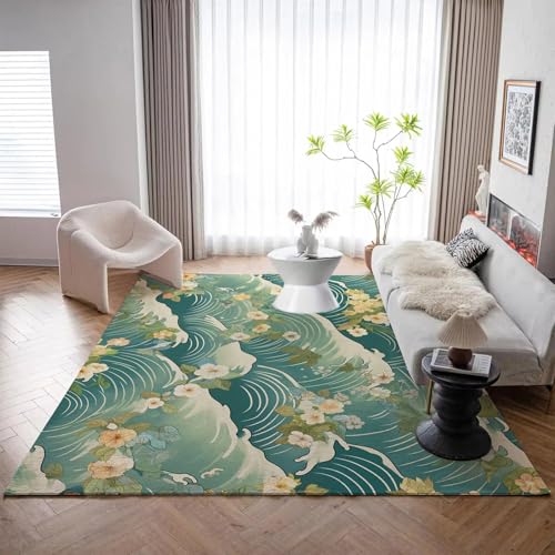 Tapis de chambre style japonais ukiyo-e vert olive lavable en machine - 4