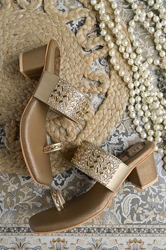 Image of JM LOOKS Women's Embellished Ethnic Heels Sandal with Toe Ring Design Comfortable Lightweight Heels for: Weddings, festive occasions.