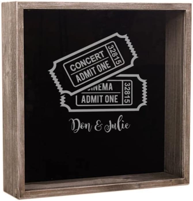 Personalized Ticket Shadow Box, Square Display Case Frame, Black Shadow Box, 13" x 13" x 4", Top Loading, Wall & Tabletop Mount, Wood Frame