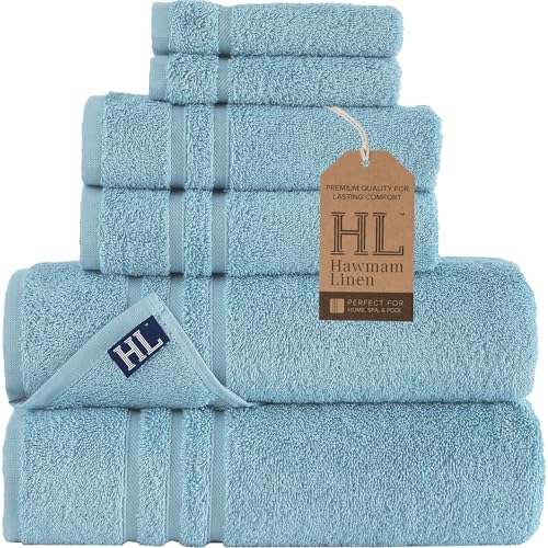 Hawmam Linen - Juego de 6 Toallas de baño, algodón Turco Original, Suaves, absorbentes y prémium, 2 Toallas de baño, 2 Toallas de Mano, 2 paños, Color Azul