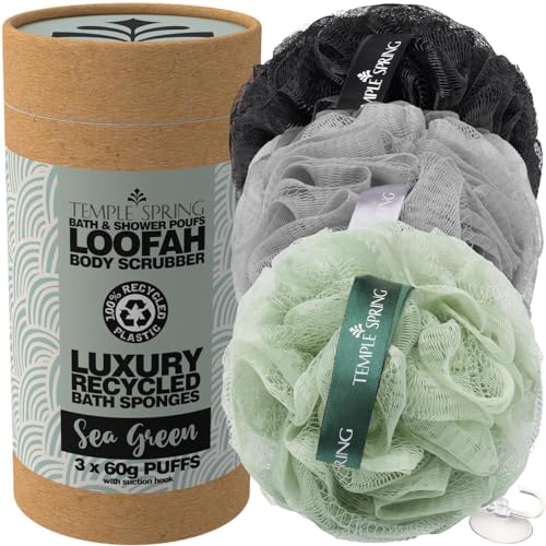 Temple Spring Loofah De Ducha, juego de puf de baño reciclado, paquete de 3 exfoliantes corporales, esponja de ducha/coletero exfoliante - Verde de agua