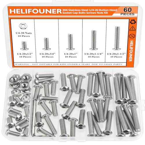Image of HELIFOUNER 60 Pieces 1 /4-20 x 1 /2 inch 3 /4 inch 1 inch 1-1 /4 inch 1-1 /2 inch, Button Head Socket Cap Screws Bolts Nuts Kit, Coarse Thread, Fully Machine Threaded, 304 Stainless Steel