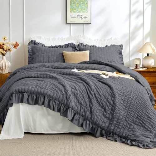 Image of JOLLYVOGUE Dark Grey Twin /Twin XL Comforter Set,3pcs Seersucker Bed Set | OEKO-TEX Certified, All Season, Down Alternative Fill, Lightweight Bedding Set with Ruffle Comforter & Pillowshams, Easy Care