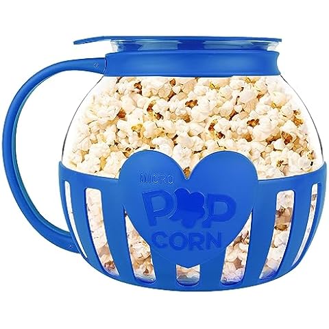 The Original Korcci 3 Quart Microwave Glass Popcorn Popper, Borosilicate Glass, Dishwasher Safe, 3-in-1 Silicone Lid, BPA Free, Family Size (Blue) Cover