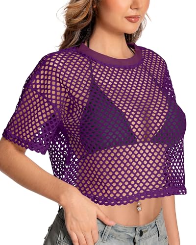 Image of Women's Mesh Top Fishnet T Shirts Sheer Loose Short Sleeve See Through Crop Tops