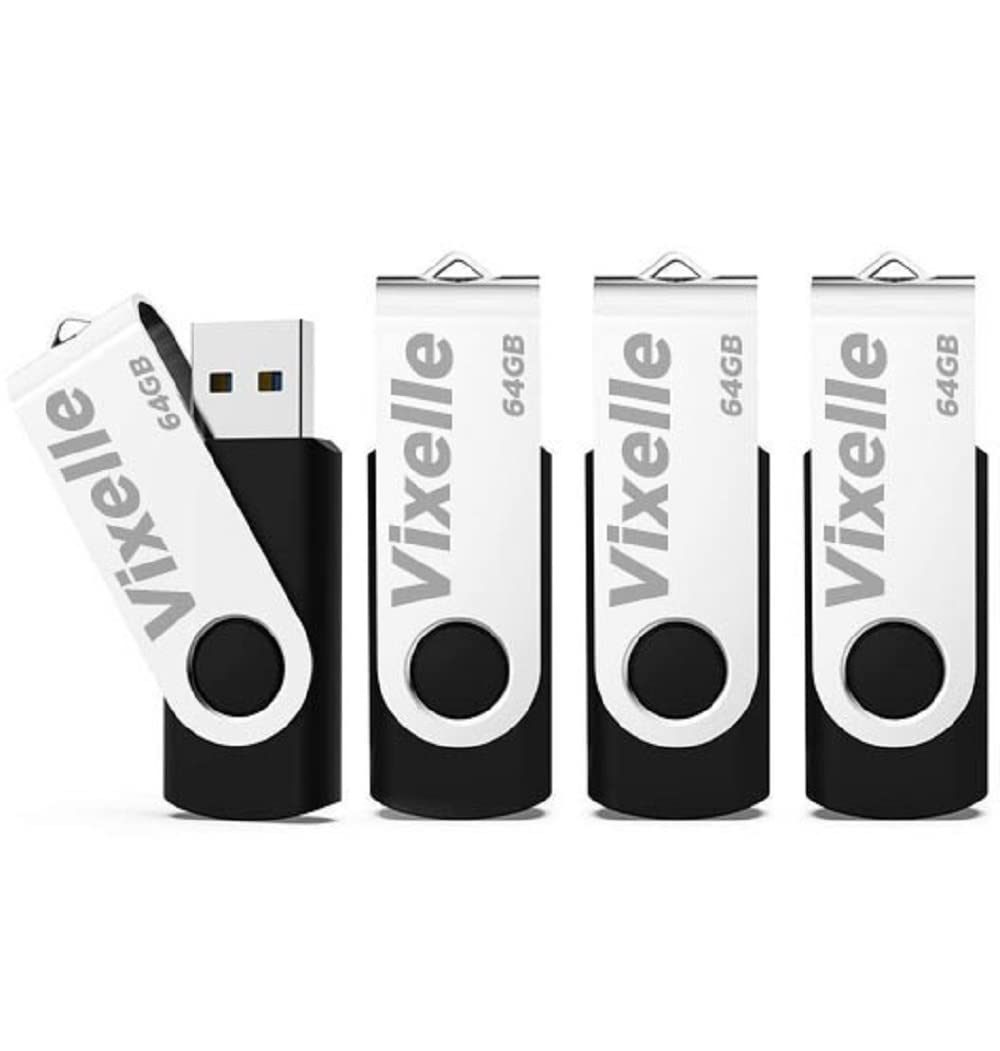 Vixelle 4 Pack 64GB High Speed USB 2.0 Flash Drives – 360° Swivel Metal Style USB Stick Pen Drive with Keychain Loop – 64GB USB Memory Sticks Bulk Pack for PC, Mac, TV, Car Audio – Black
