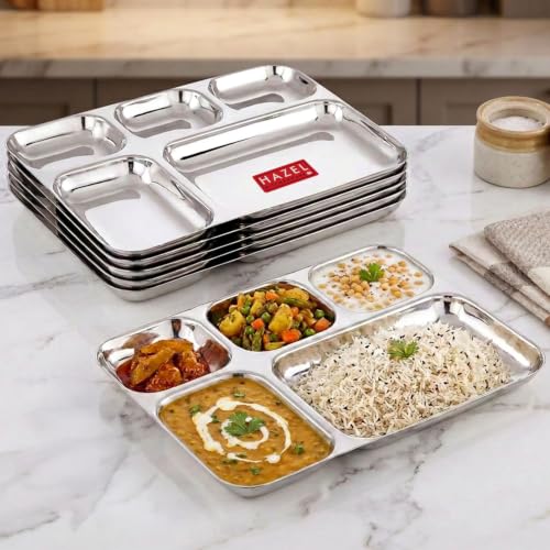 Image of HAZEL Stainless Steel Divided Meal Tray 5 in 1 Section Plate Set of 6 for Office