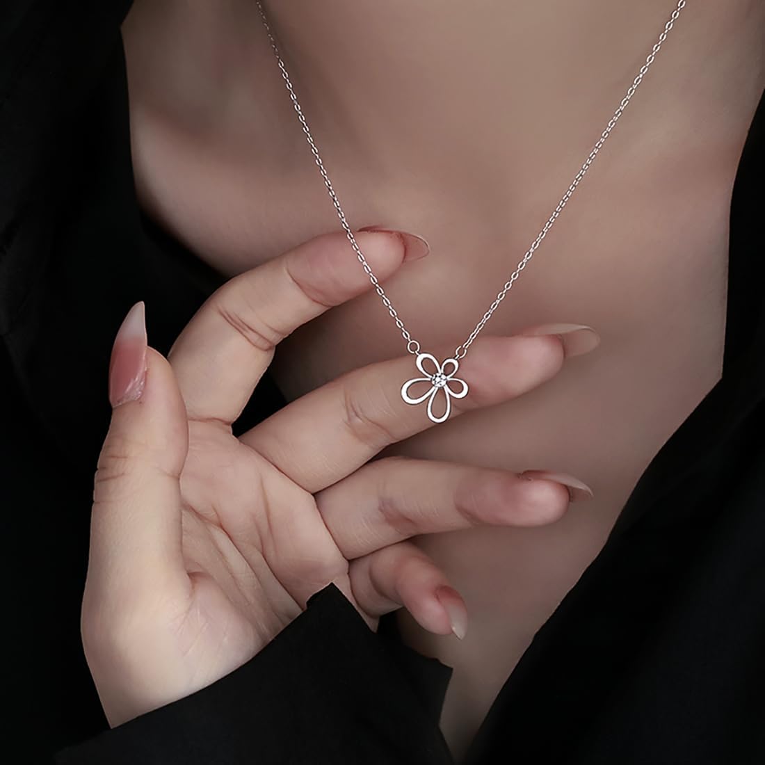 Reffeer Solid 925 Sterling Silver Flower Chain Necklace for Women Teen Girls CZ Flower Pendant Necklace Choker - Image 3