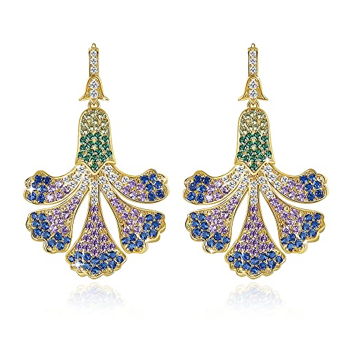 Zircon Gemstone Drop Dangle Earrings, Multi Color Created Sapphire Sparkly Evening Dressy Earrings, 18K Gold Plated 925 Sterling Silver posts, Hypoallergenic, Formal Jewelry for women