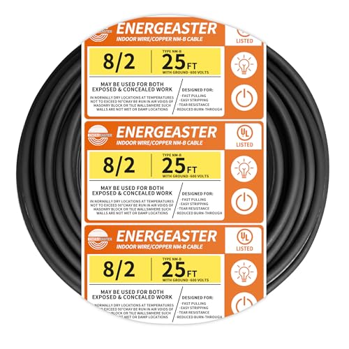Solid Indoor 8/2 Type NM-B Pure Copper Cable 25FT Black 8 AWG 2 Conductors with Ground Wire