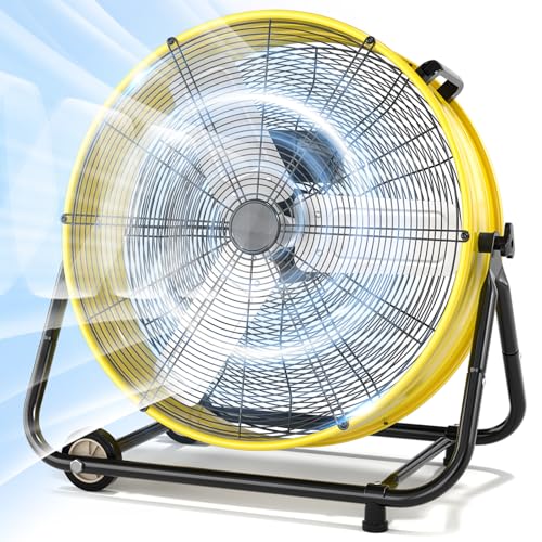 Image of LifePlus 30 inch Industrial Drum Fan, 14000 CFM High Velocity 3-Speed Heavy Duty Metal Air Circulator with 360 Tilt, Casters Handle for Warehouse Factory workshops Patios Garage, Yellow