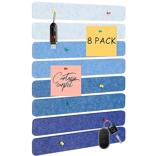 Image of 8 Pcs Felt Pin Board Bar Strips Bulletin Board for Bedrooms Offices Home Wall Decoration, Notice Board Self Adhesive Cork Board with 50 Push Pins for Paste Notes, Photos, Schedules (Multi-Blue)
