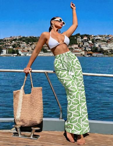 Women's Summer Wide Leg Palazzo Pants High Waisted Flowy Trendy Casual Lounge Boho Beach Trousers with Pockets Green White L — view 3