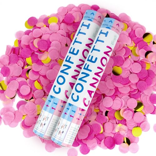 TFengfly 2 Pack Gender Reveal Confetti Cannon 12 in Pink Round shaped Paper Party Poppers Cannons Confetti Poppers For Baby Girl Gender Reveal Baby Showers (Round Pink)