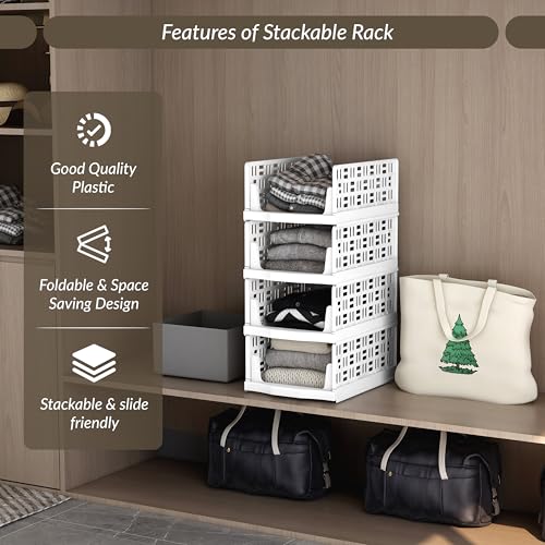 Image of Plantex 3-Tier Organizer for Wardrobe Cupboard for Clothes Foldable /Stackable Closet /Multi-Purpose Drawer Organizer (Plastic, White)