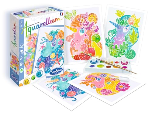 Sentosphère – Aquarellum Mini - Licornes 4 planches - Kit peinture - Peinture Aquarellum Magique - Enfants - 4 tableaux sertis 12 x 16 cm - Fabriqué en...