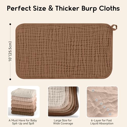 Image of Unnivoll Muslin Burp Cloths for Baby 100% Cotton Burping Cloths for Boys Girls Large 20''X10'' Extra Soft and Absorbent 12 Pack - Gradient Coffee