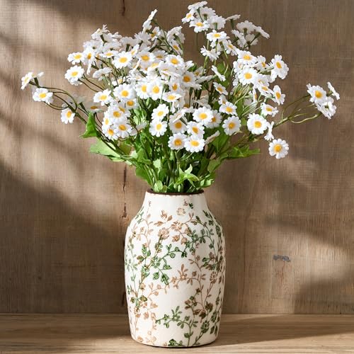 Jarrón antiguo verde y beige, diseño floral chinoiserie de 7.05 pulgadas, jarrón de cerámica rústica para decoración del hogar, sala de estar, estantería, oficina, entrada, decoración de gran milenio