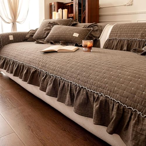 IJNBHU Funda de sofá con Volantes Gruesa y cómoda de algodón Funda Sofá Antideslizante Elastizada Protectora para Sofás de 1 2 3 o 4 Plazas Seccional en Forma de U y L,Marrón,70x70cm /28x28in