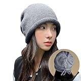 [MOWO] ニット帽 ニット帽子 レディース 秋冬 【調節ロープ付き・可愛い小顔・耳までまん丸と包む】 軽くて暖かい 大きいサイズ 防寒防風 保温 柔らかい 締め付け感ゼロ リボン 通気 ふんわり 帽子 ケア帽子 ビーニー帽 無地 (グレー)