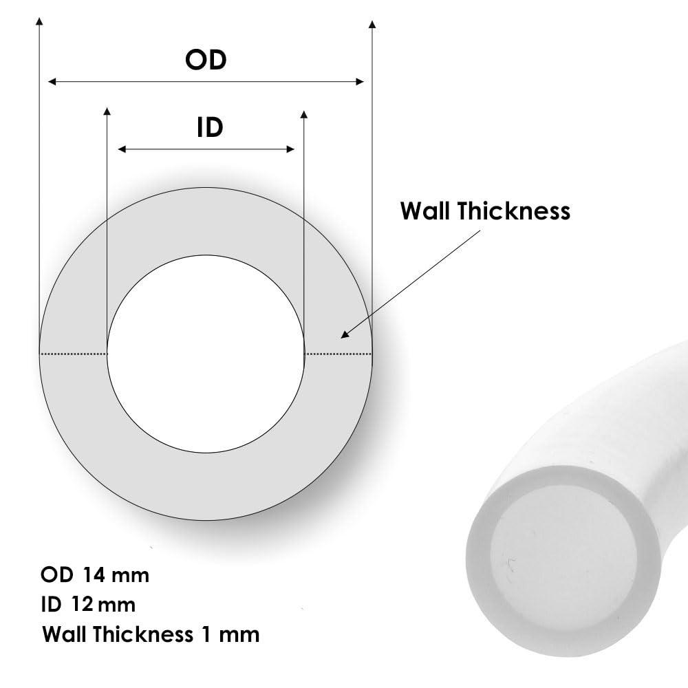 Tube en téflon PTFE (tuyau en PTFE 12 mm x 14 mm) 1 m – Tuyau PTFE pur granulés PTFE – Convient pour -70 °C à 260 °C – Résistant aux produits chimiques – Très faible coefficient de frottement