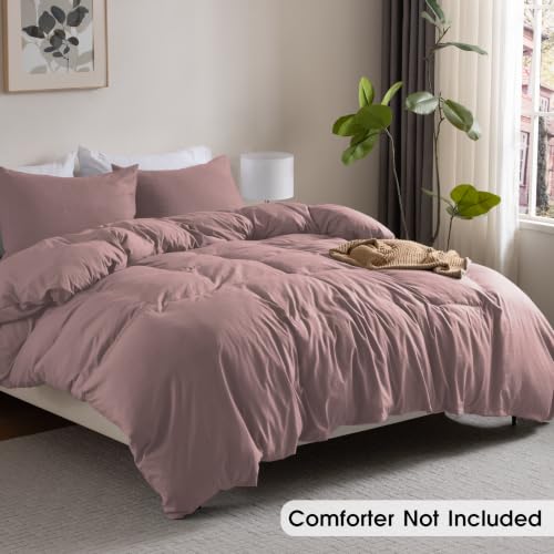 Image of Soft Washed Lavender Duvet Cover Set Queen Size,2 Pillow Shams,No Comforter | Prewashed Microfiber, 4 Corner Ties, Button Closure, Ultra Soft, Cotton-Like, All Seasons, Queen Duvet Cover 90x90 in